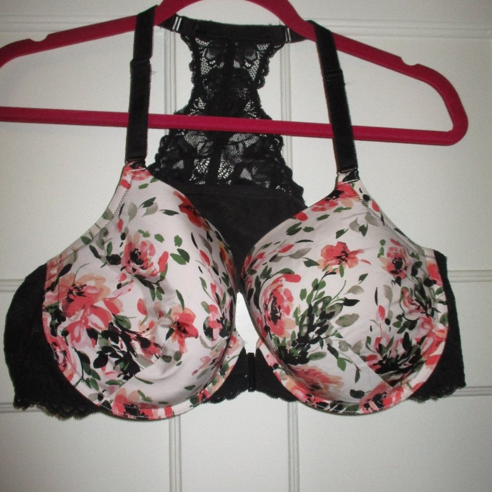EUC front close Torrid Curve 42C  bra lace racer back white w coral floral